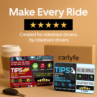 Carlyfe rideshare driver 5-star and tips cards with a coffee cup and car key on a brown background