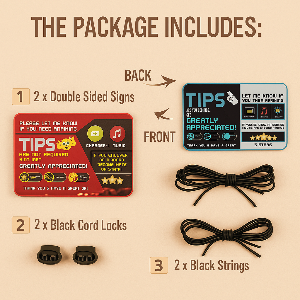 Car Lyfe 5-star rideshare driver tip Product signs package with double-sided signs, black cord locks, and strings on a beige background.